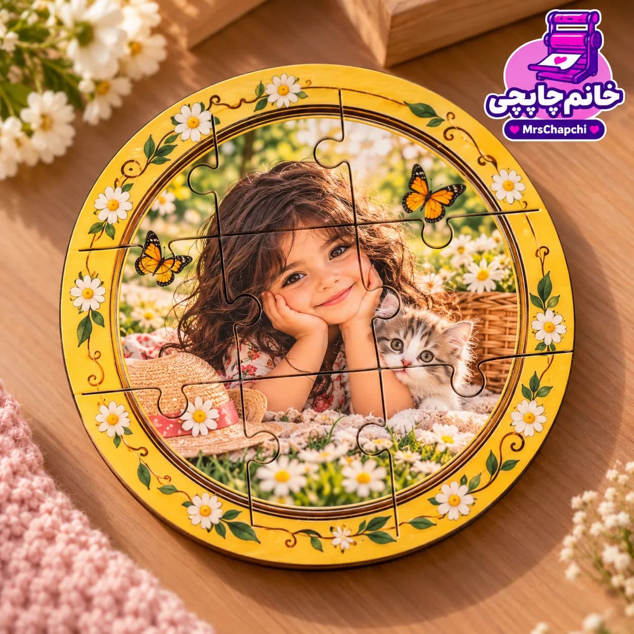 پازل چوبی گرد ۹ تکه با چاپ عکس دلخواه